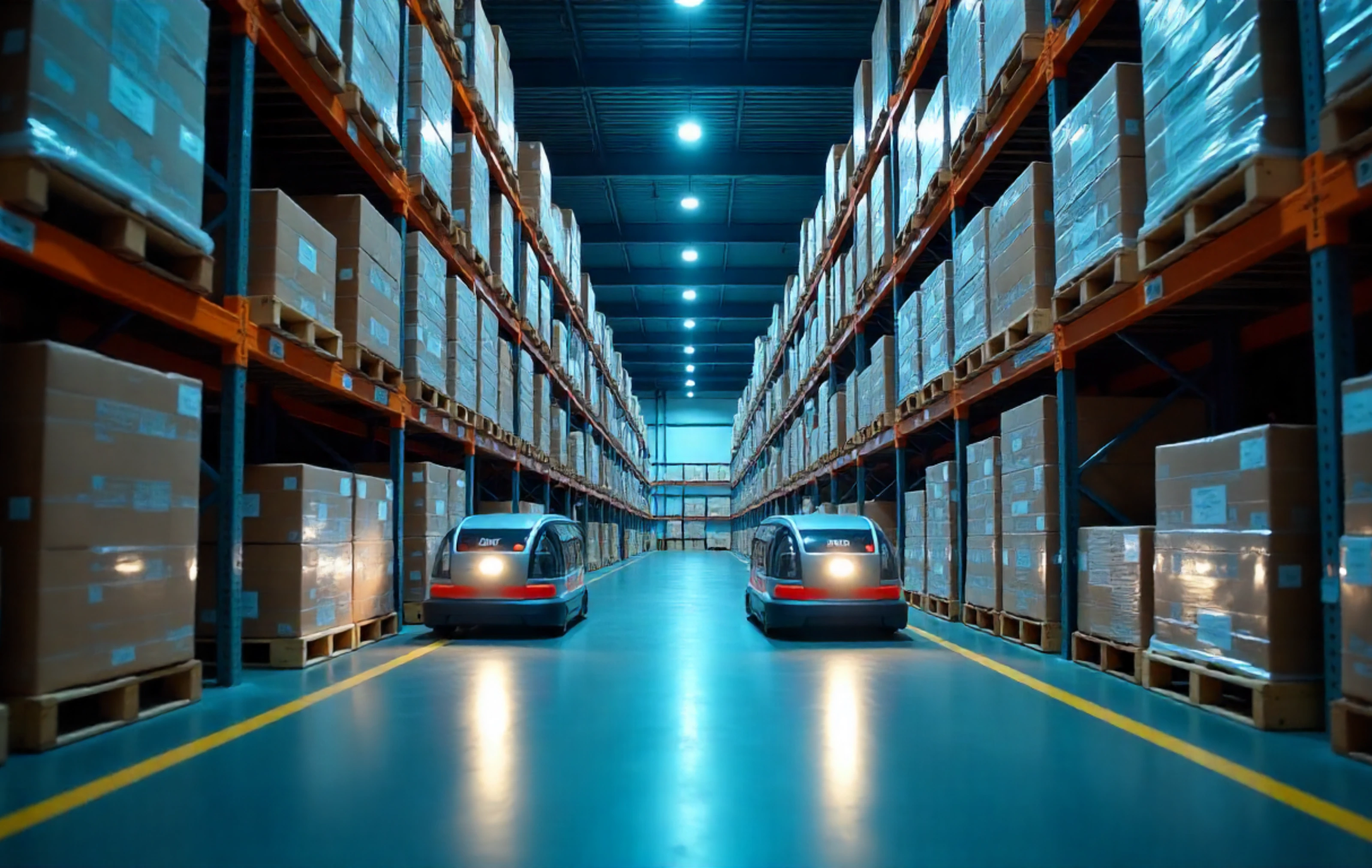 Interior of a modern high-bay warehouse with automated racking systems