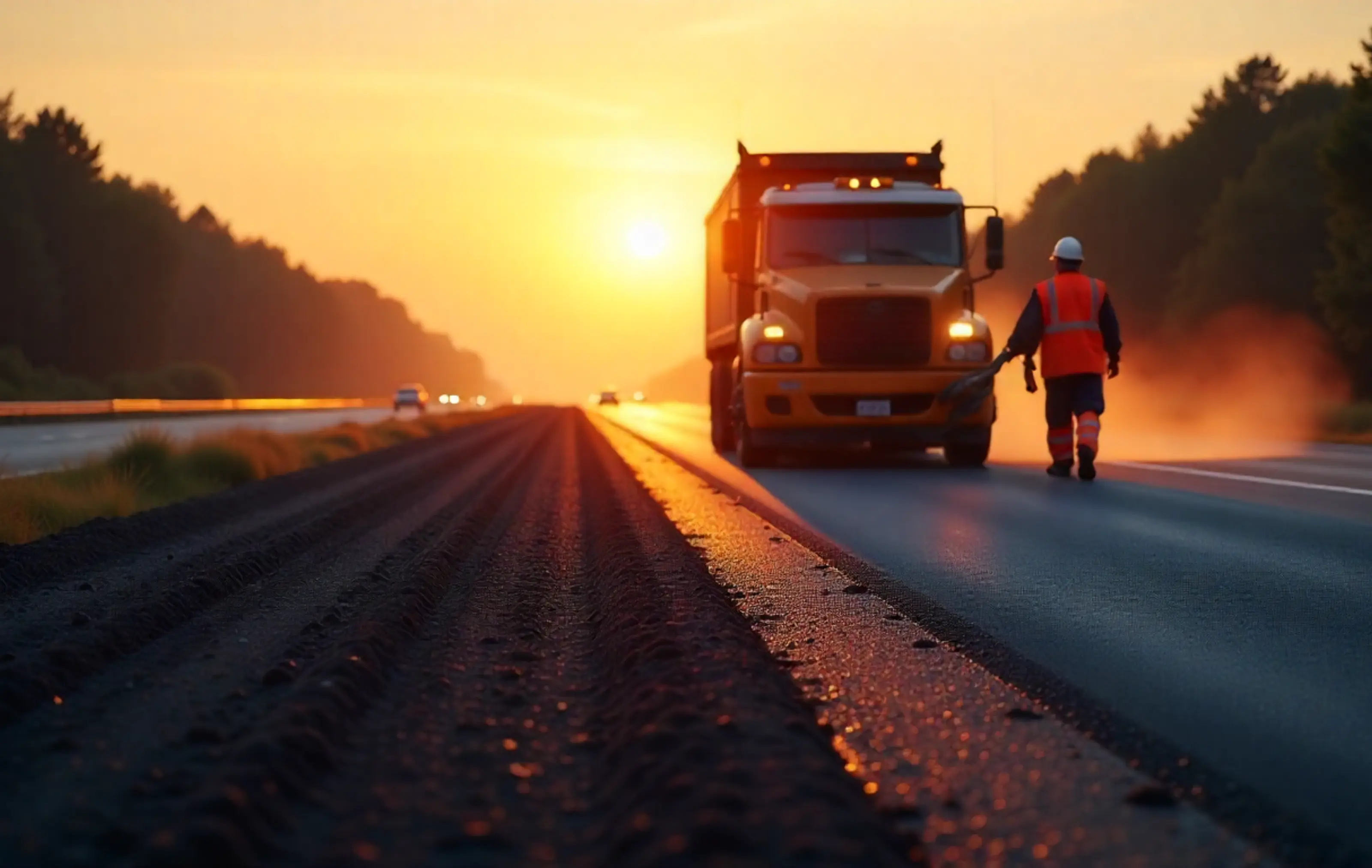A crew performing asphalt resurfacing on a highway