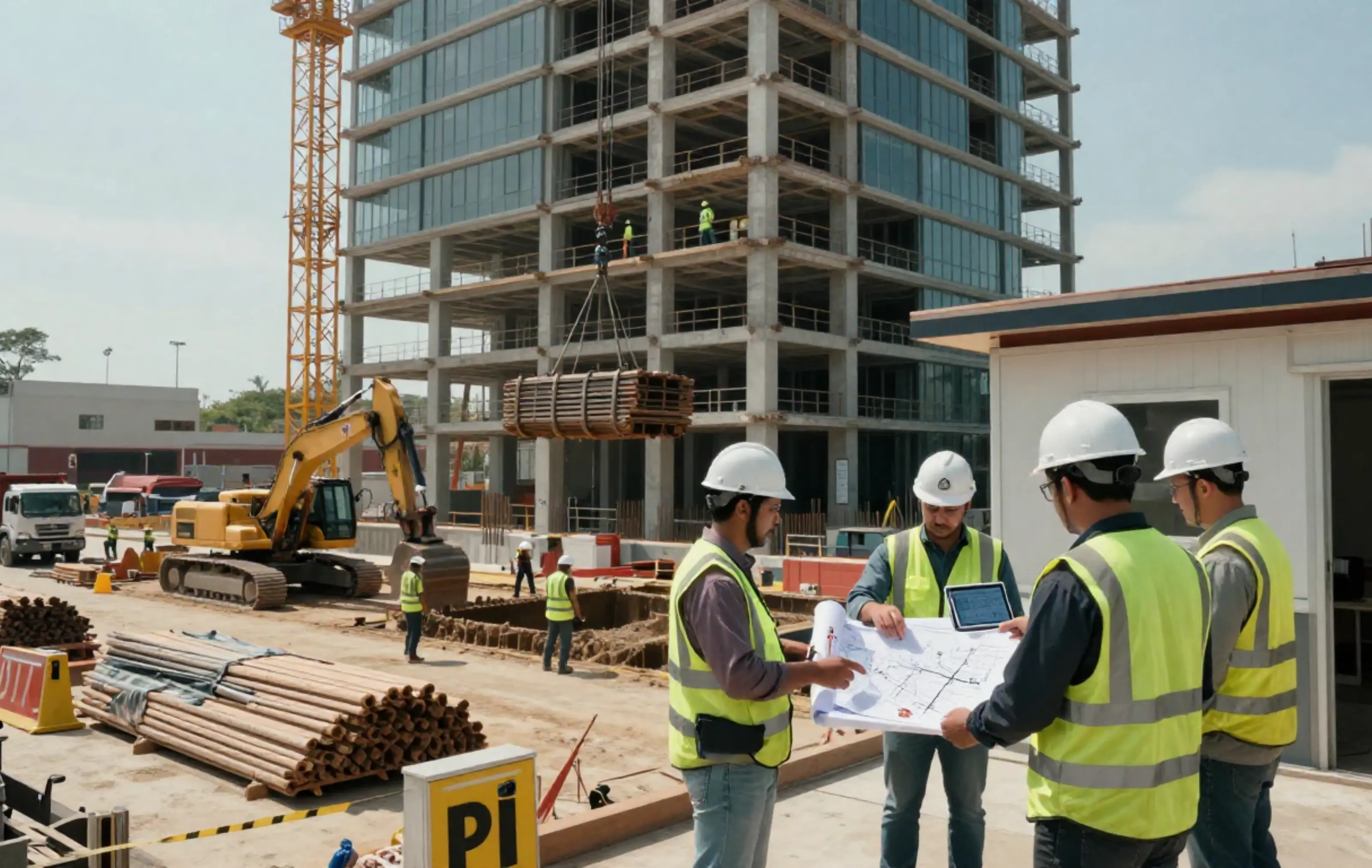 Construction site with workers and machinery building a residential complex