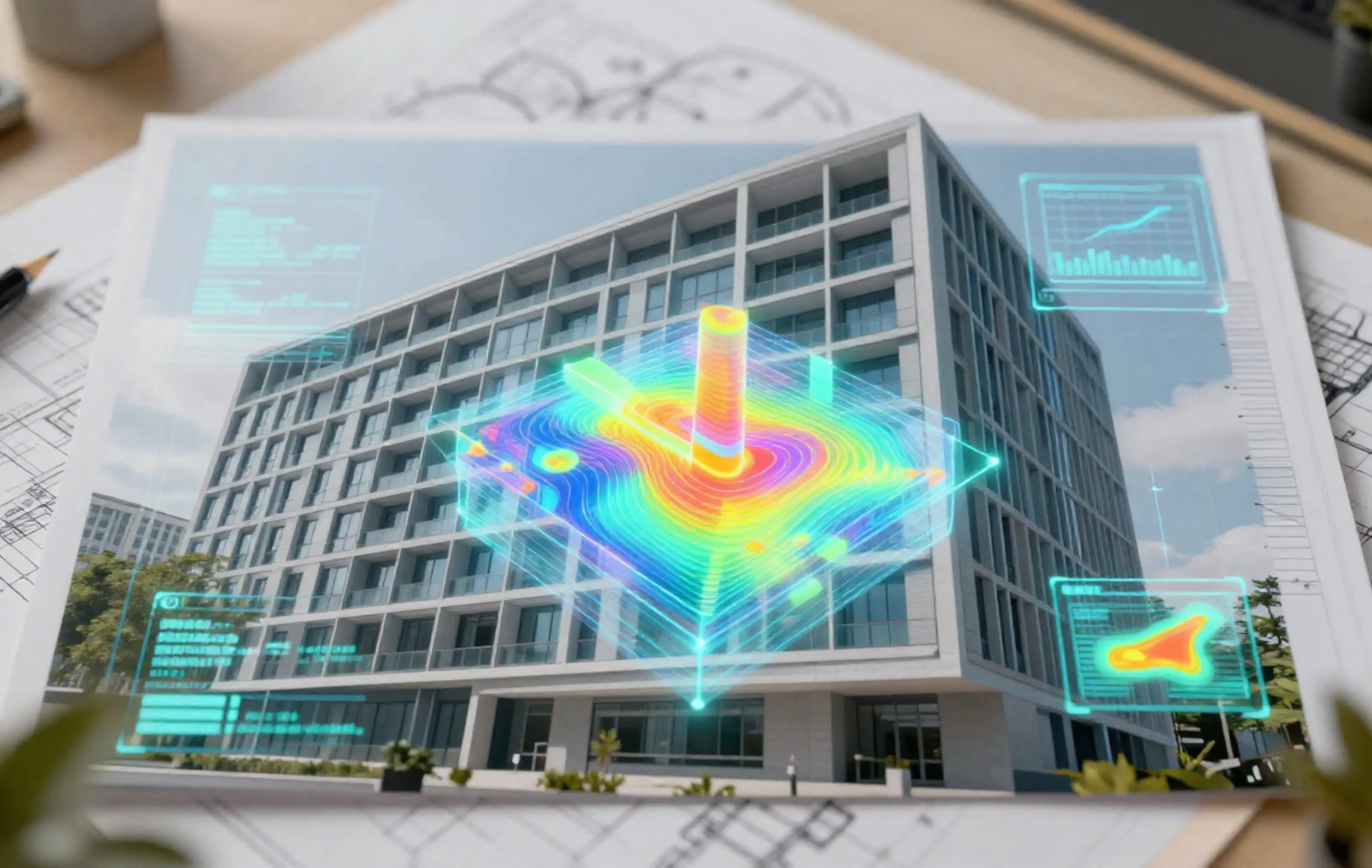 Architectural drawings and financial charts used for project feasibility